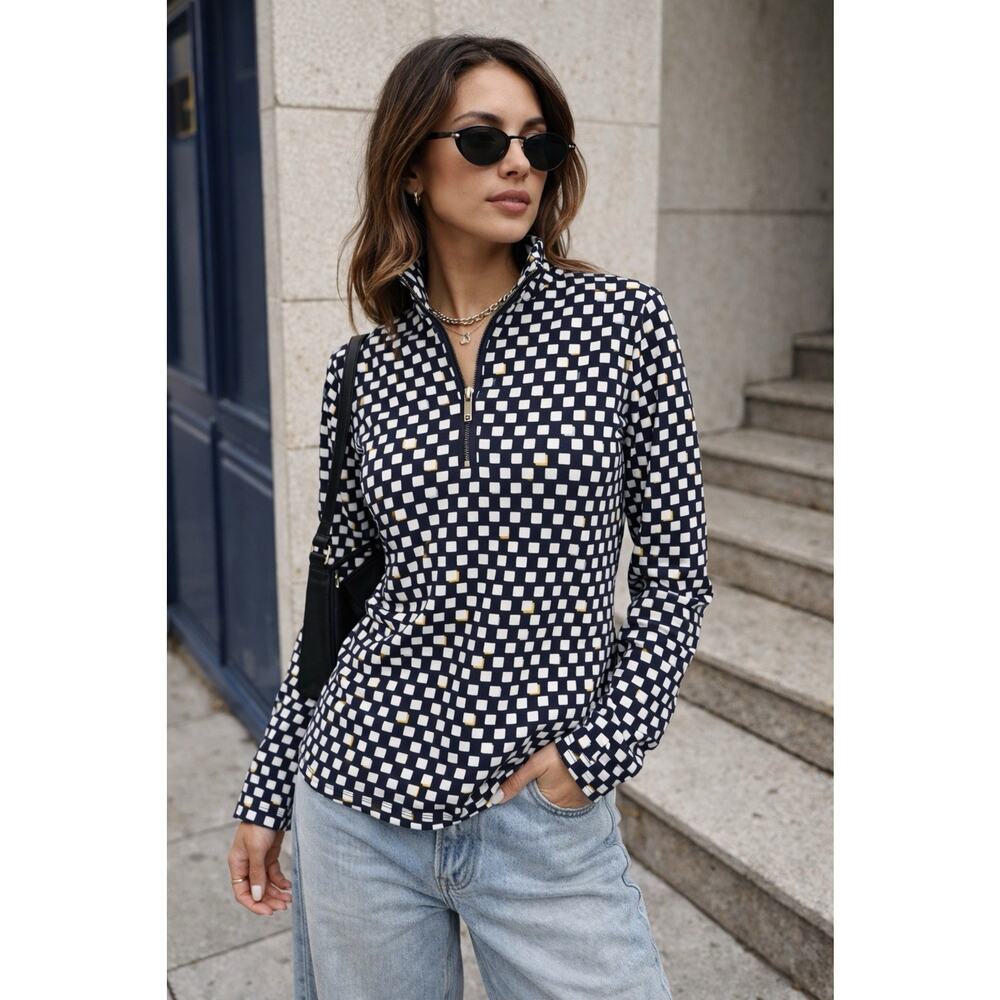 Charter Club Navy 1/4 Zip Chic Modern Geometric Pullover Top Sz M